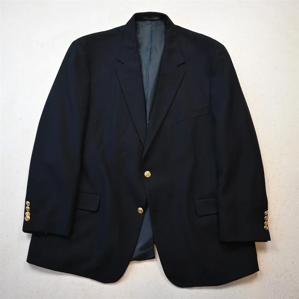 Vtg USA Made 46R Navy Blue Gold Button Mens Blazer Suit Jacket Sport Coat